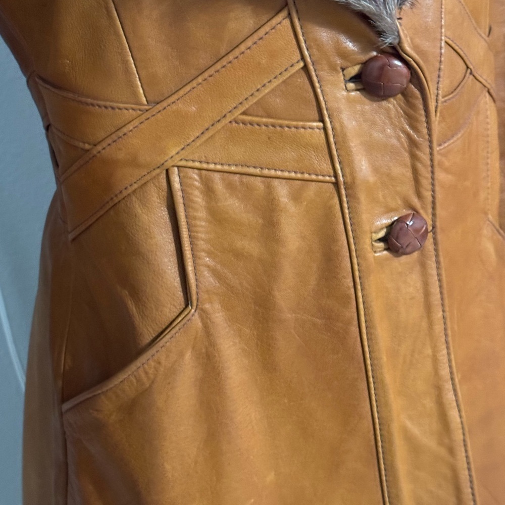 VINTAGE Mango Road Inc Leather Fur Jacket Trench Coat Long Penny Lane XS S Brown - Picture 12 of 14